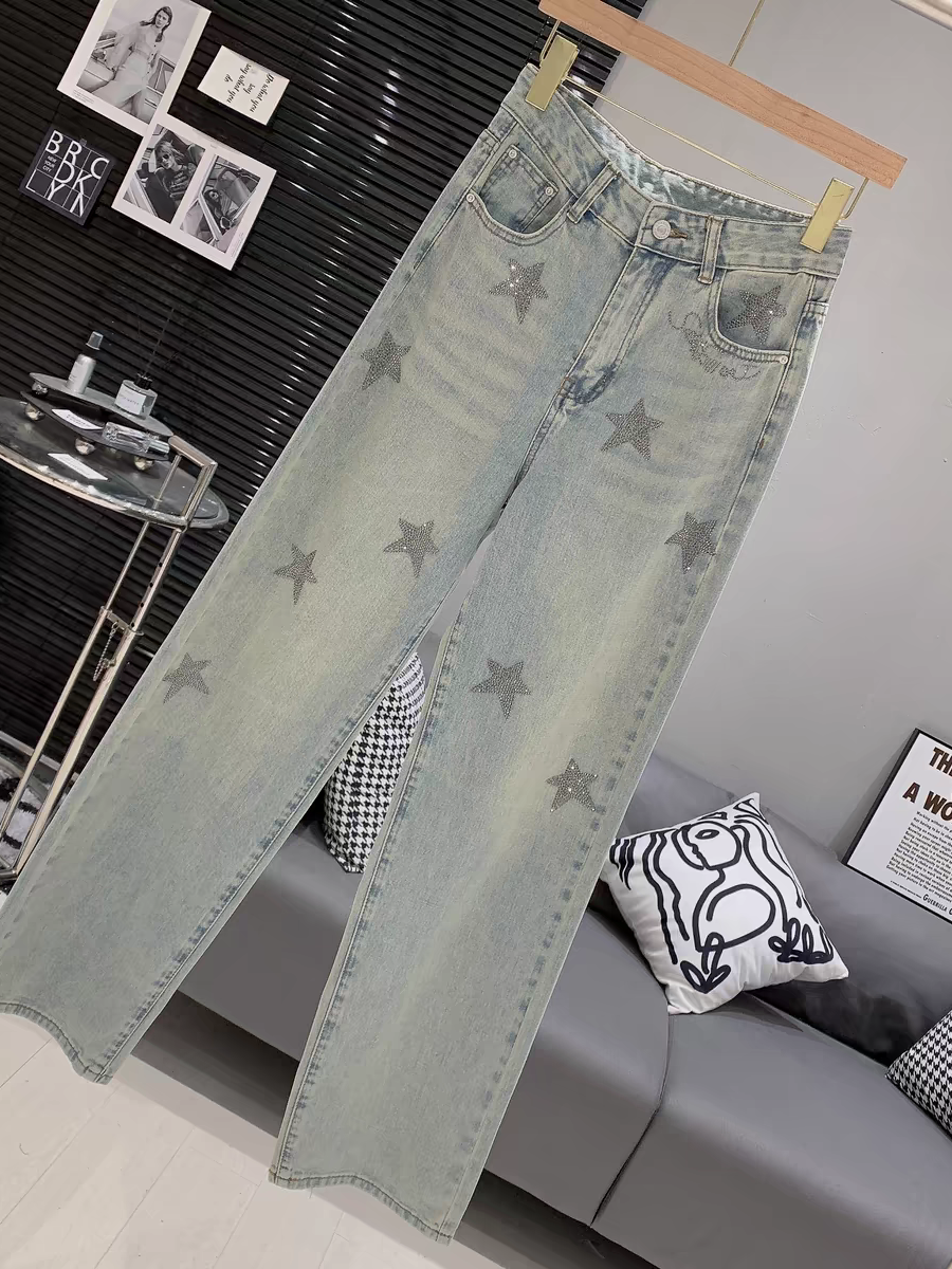 Star Print Rhinestone Wide Leg Denim Pants