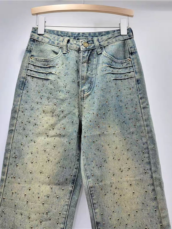 Faded Blue Green Wide Leg Denim Studded Pants