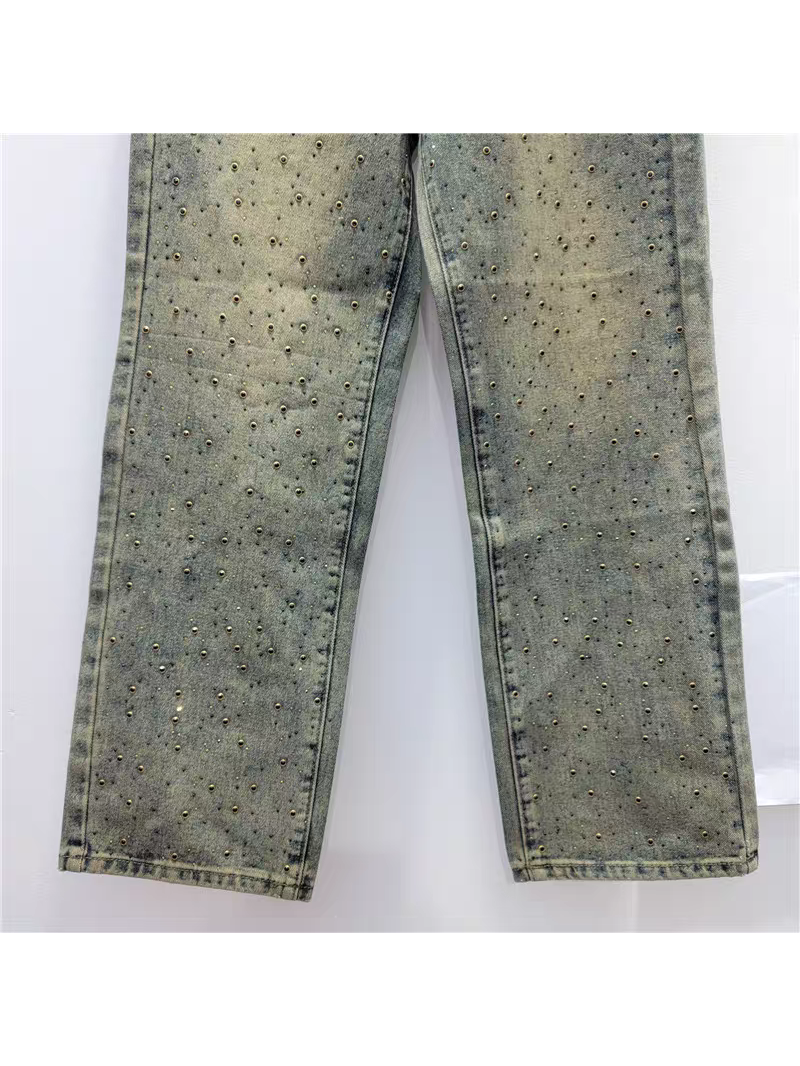 Faded Blue Green Wide Leg Denim Studded Pants
