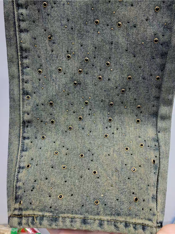 Faded Blue Green Wide Leg Denim Studded Pants