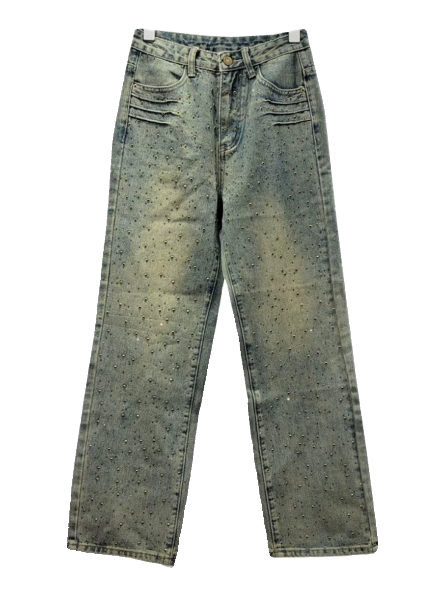 Faded Blue Green Wide Leg Denim Studded Pants