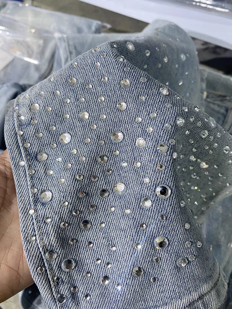 Rhinestone Bottom Blue Wide Leg Denim Pants