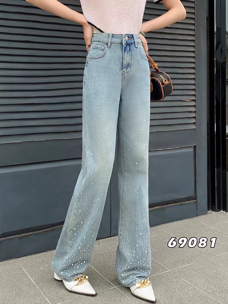 Rhinestone Bottom Blue Wide Leg Denim Pants