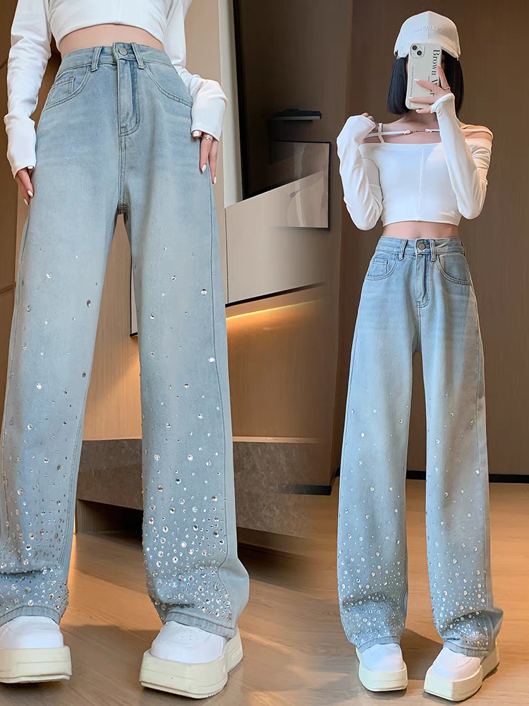 Rhinestone Bottom Blue Wide Leg Denim Pants