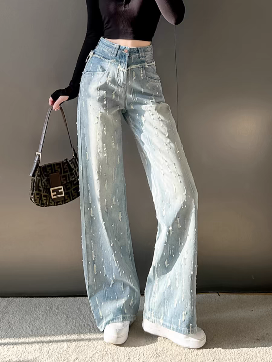 Blue Distressed Wide Leg Denim Pants