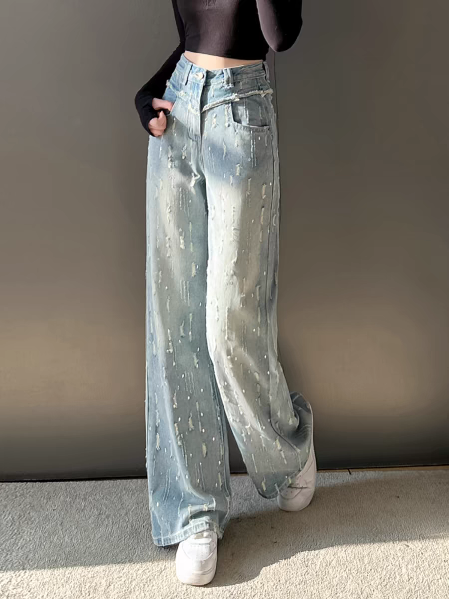 Blue Distressed Wide Leg Denim Pants