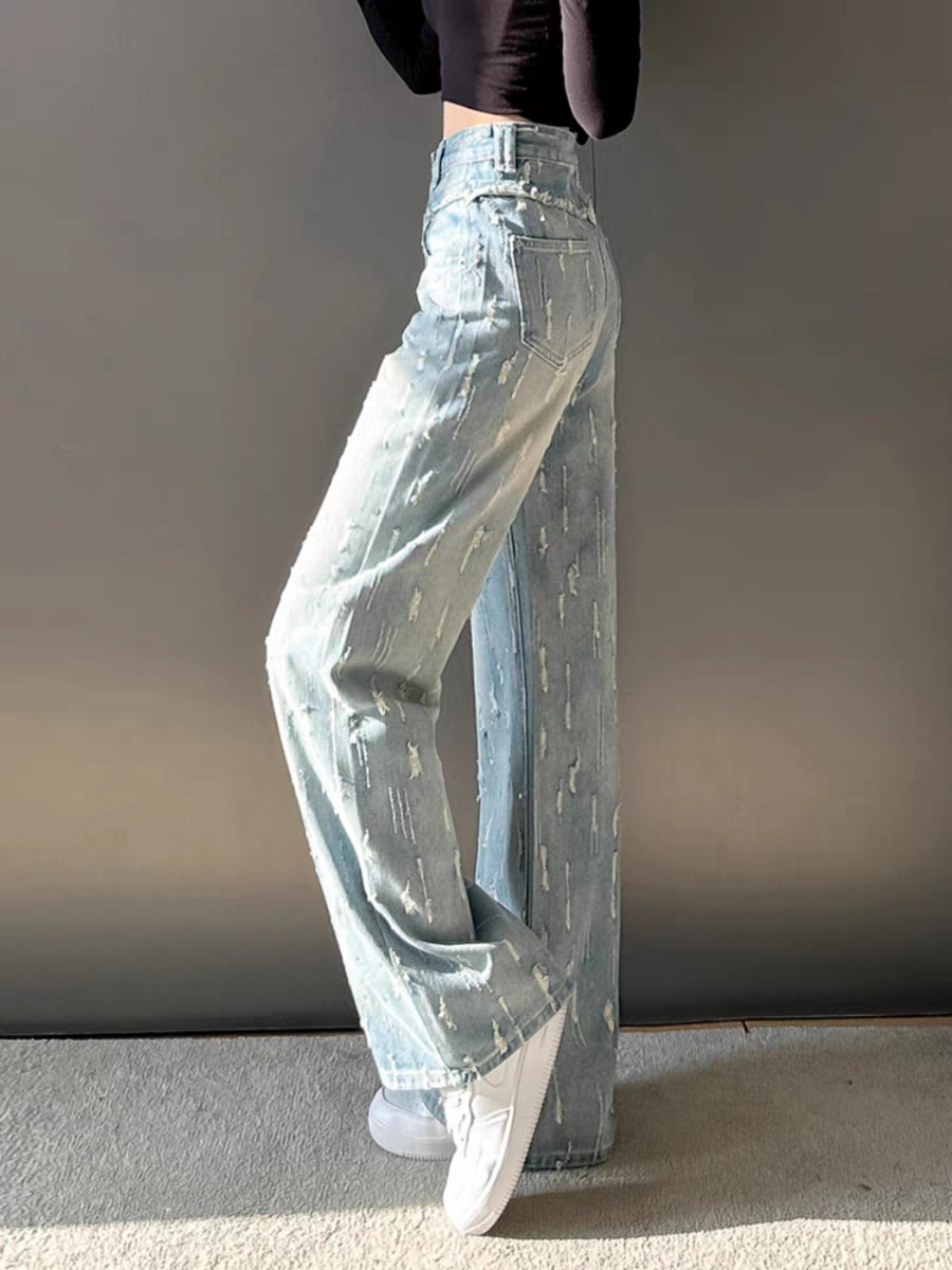 Blue Distressed Wide Leg Denim Pants