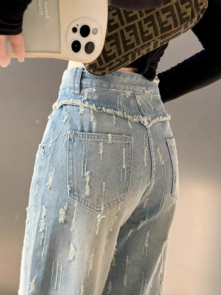 Blue Distressed Wide Leg Denim Pants