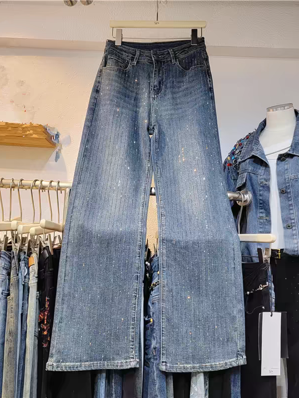 Striped Rhinestone Blue Wide Leg Denim Pants