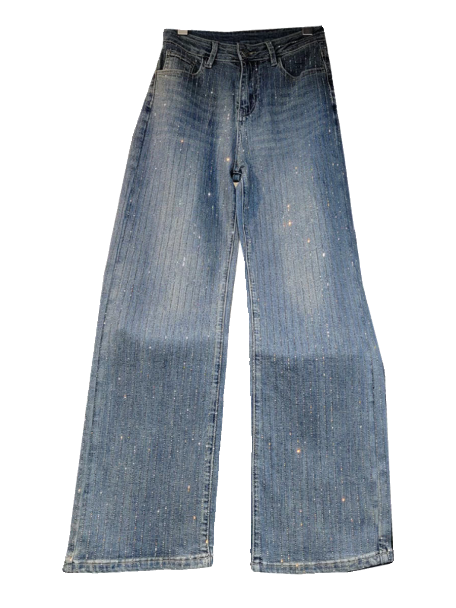 Striped Rhinestone Blue Wide Leg Denim Pants