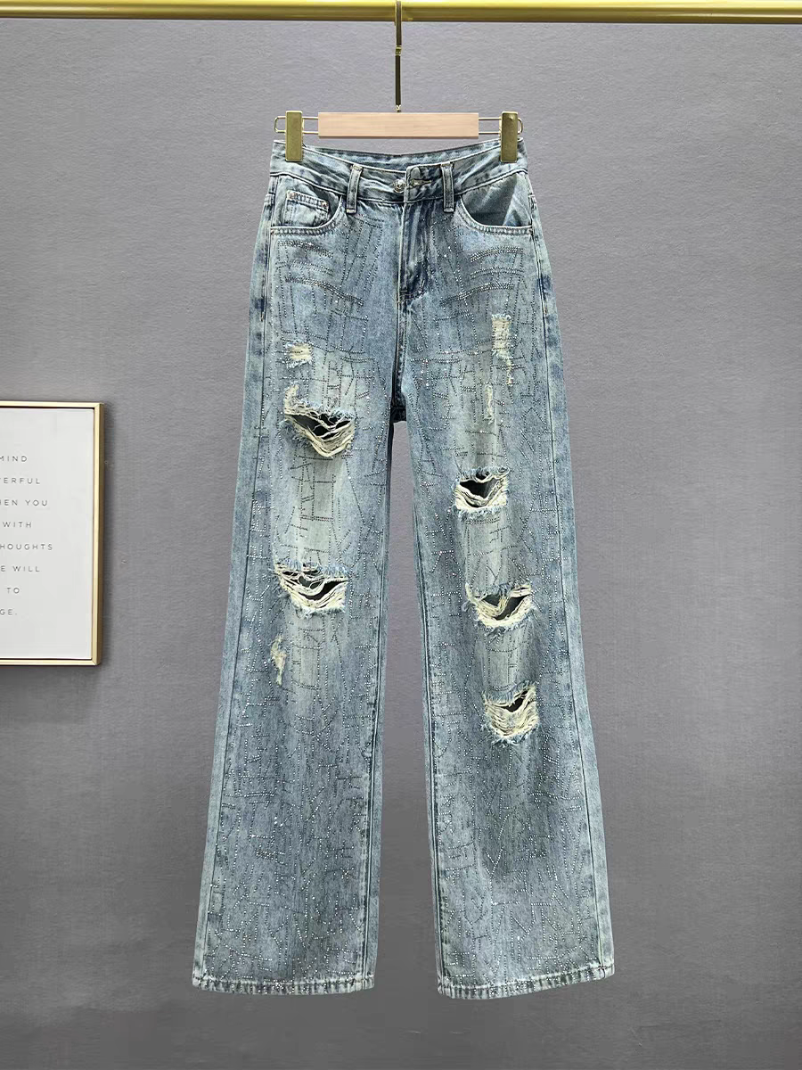 Rhinestone Distressed Blue Wide Leg Denim Pants