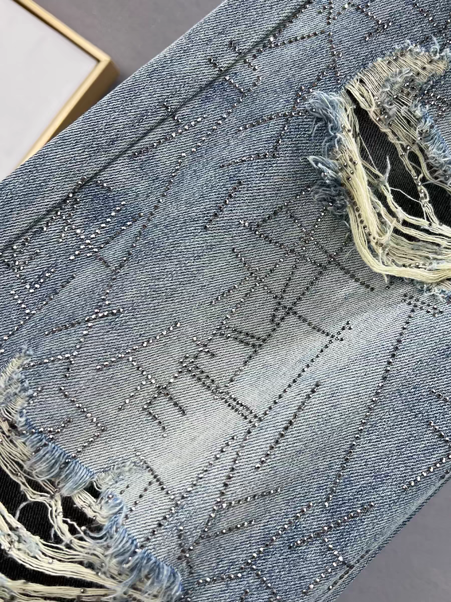 Rhinestone Distressed Blue Wide Leg Denim Pants