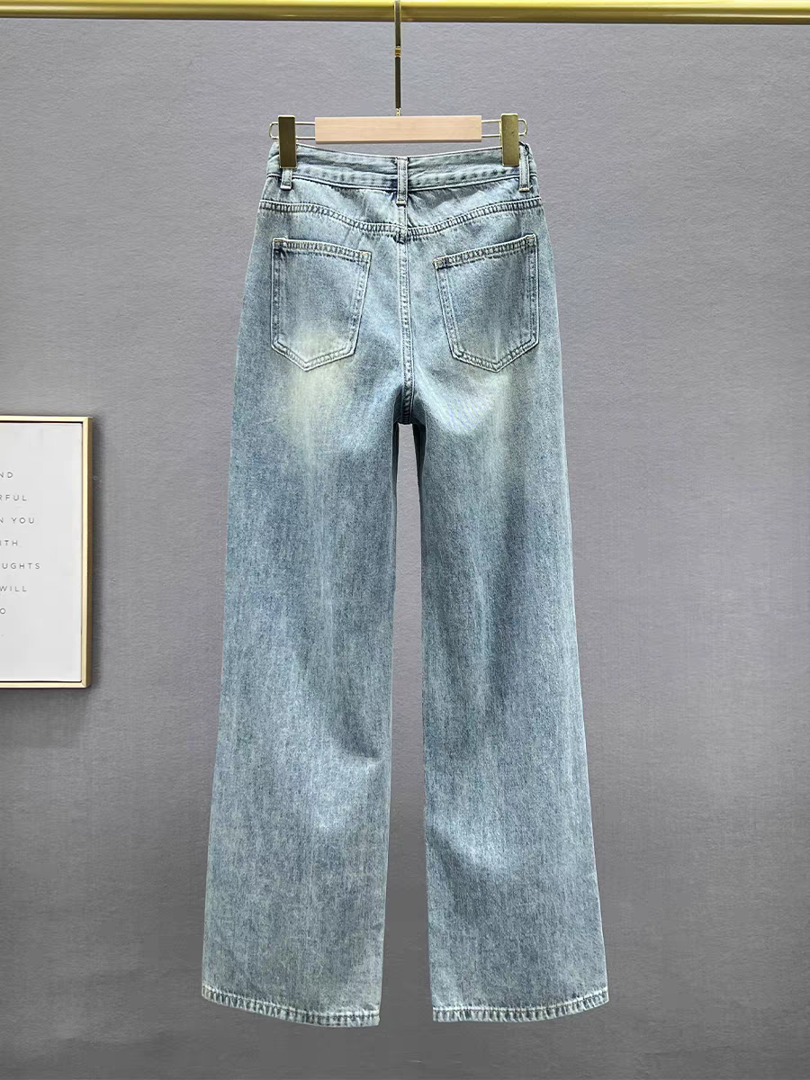 Rhinestone Distressed Blue Wide Leg Denim Pants