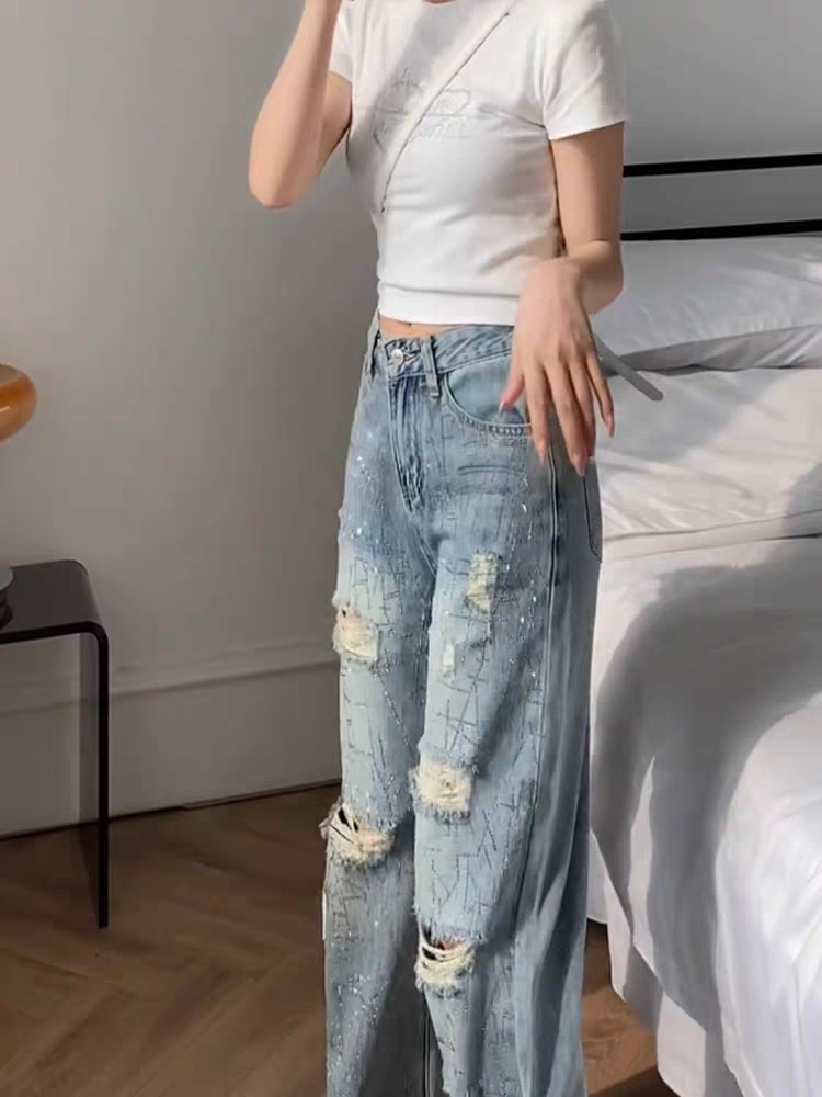 Rhinestone Distressed Blue Wide Leg Denim Pants