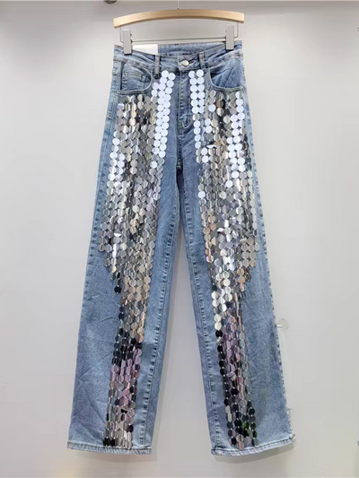Coin Sequins Blue Wide Leg Denim Pants