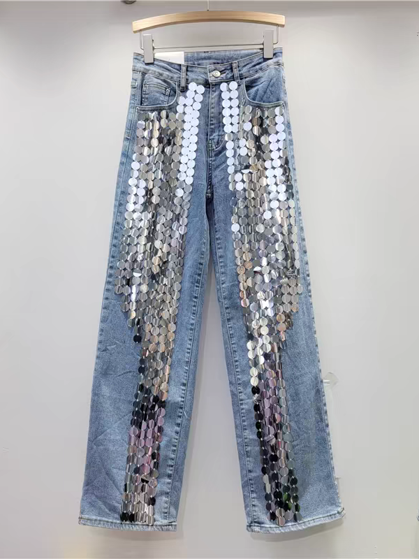 Coin Sequins Blue Wide Leg Denim Pants
