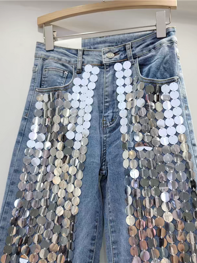 Coin Sequins Blue Wide Leg Denim Pants