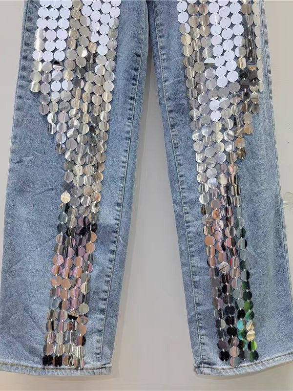 Coin Sequins Blue Wide Leg Denim Pants