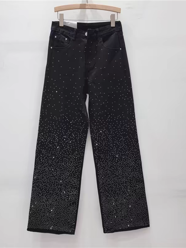 Rhinestone Black Wide Leg Denim Pants