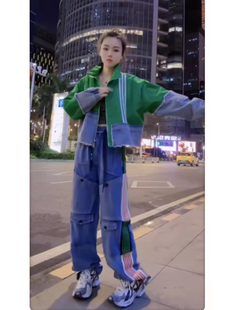 Striped Wide Leg Cargo Denim Pants