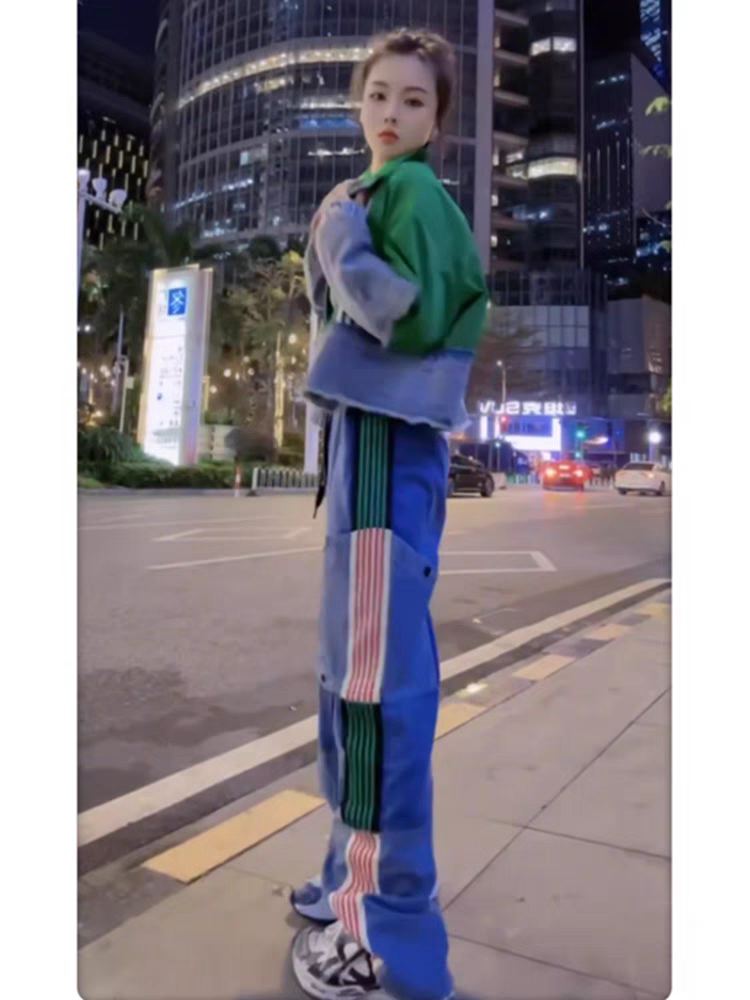 Striped Wide Leg Cargo Denim Pants