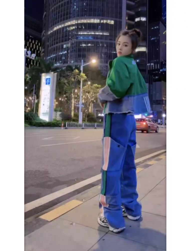 Striped Wide Leg Cargo Denim Pants