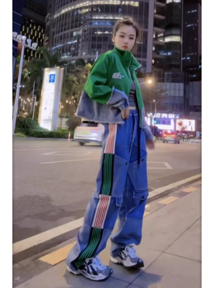 Striped Wide Leg Cargo Denim Pants