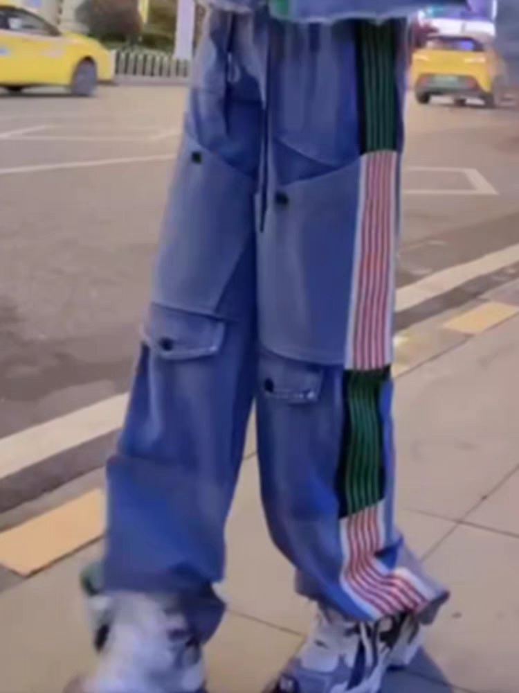 Striped Wide Leg Cargo Denim Pants