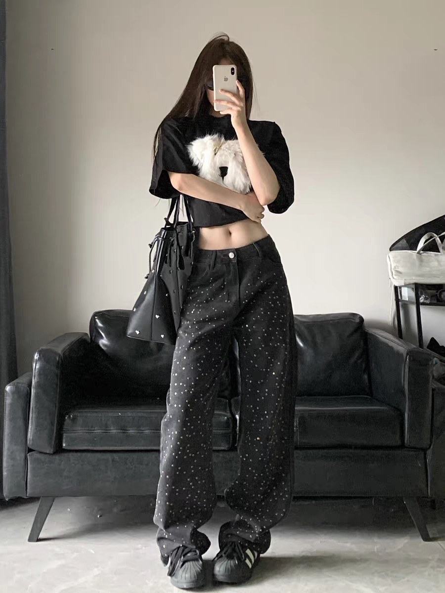 Black Wide Leg Denim Studded Pants