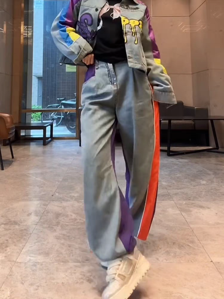 Blue Purple Wide Leg Denim Studded Pants