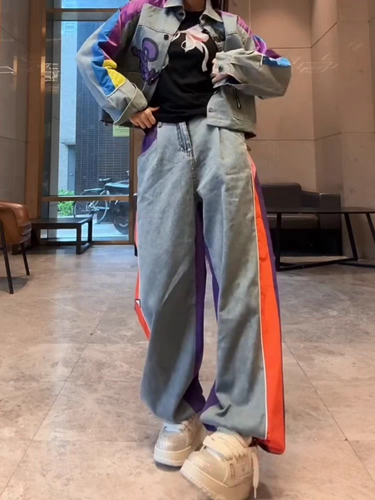 Blue Purple Wide Leg Denim Studded Pants