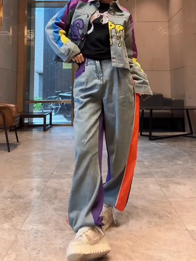 Blue Purple Wide Leg Denim Studded Pants