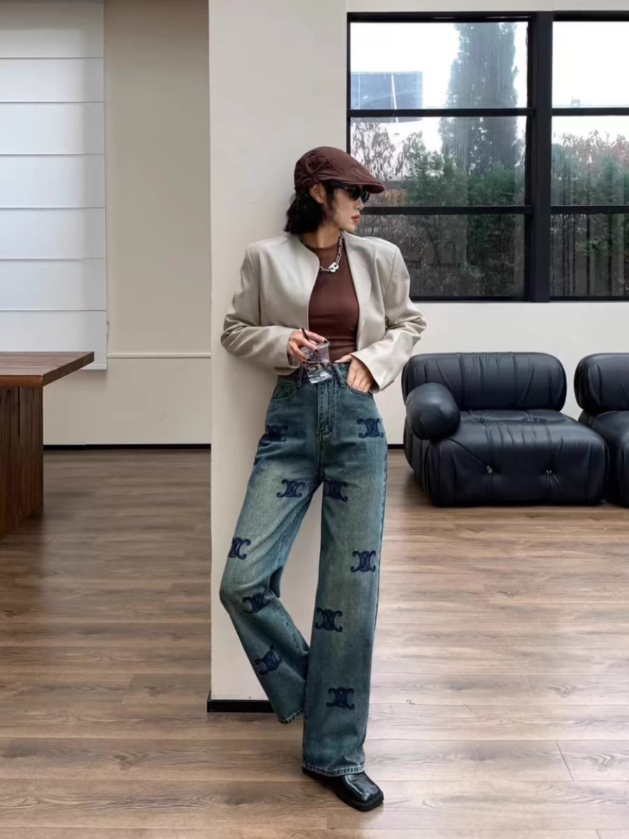 C H Distressed Blue Wide Leg Denim Pants