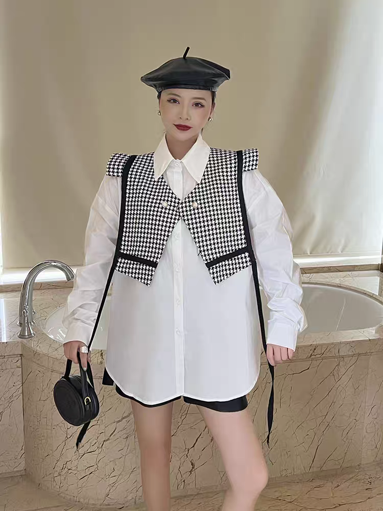 White Shirt With Gingham Print Waistcoat