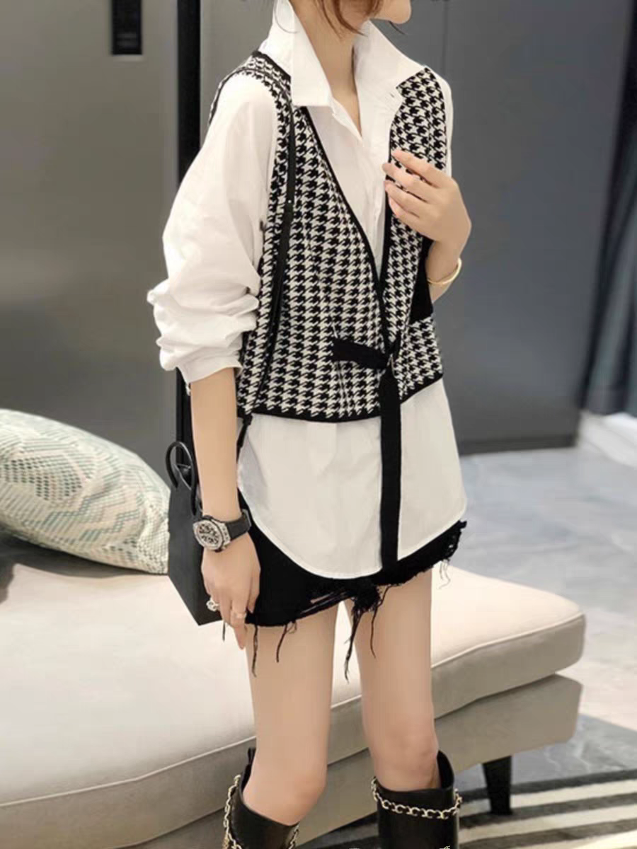 White Shirt With Gingham Print Waistcoat