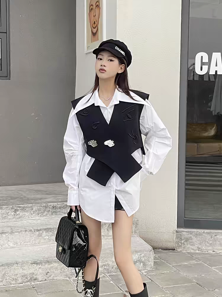 Oversized Fit Shirt with Detachable Vest Waist Coat