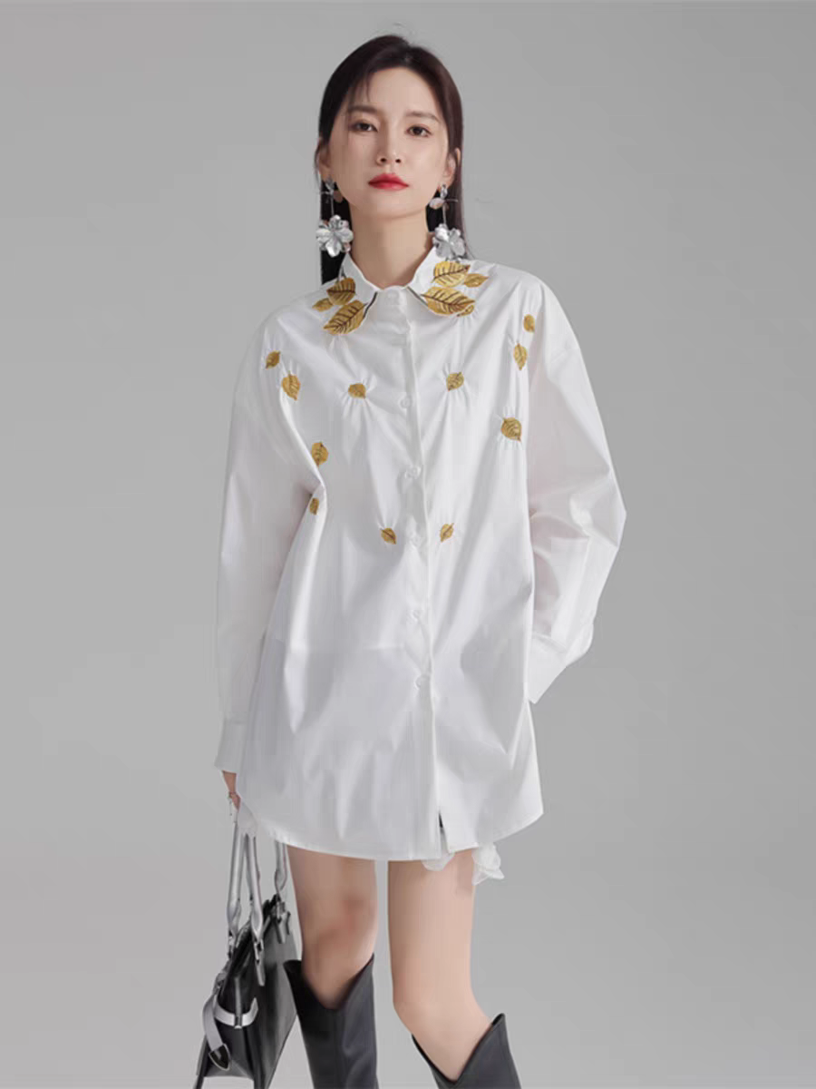 Leaf Print Applique White Oversized Shirt