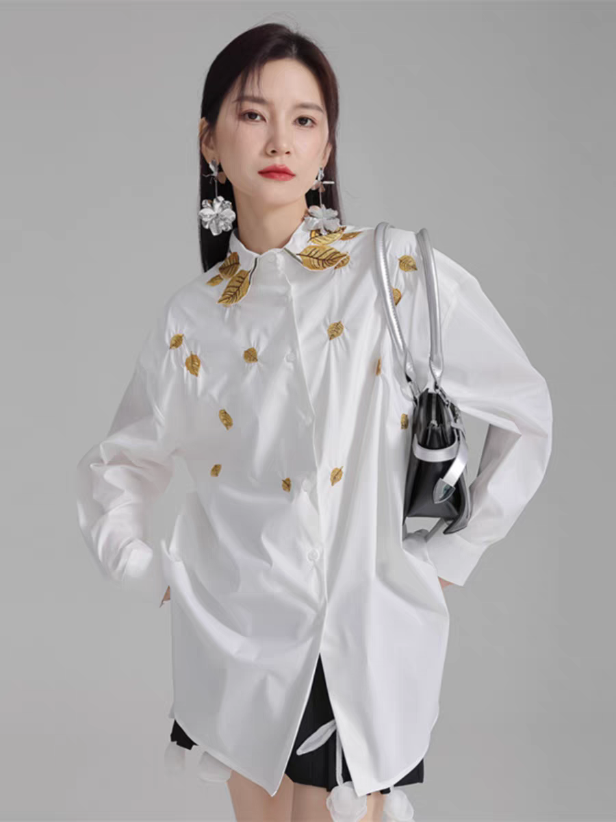 Leaf Print Applique White Oversized Shirt