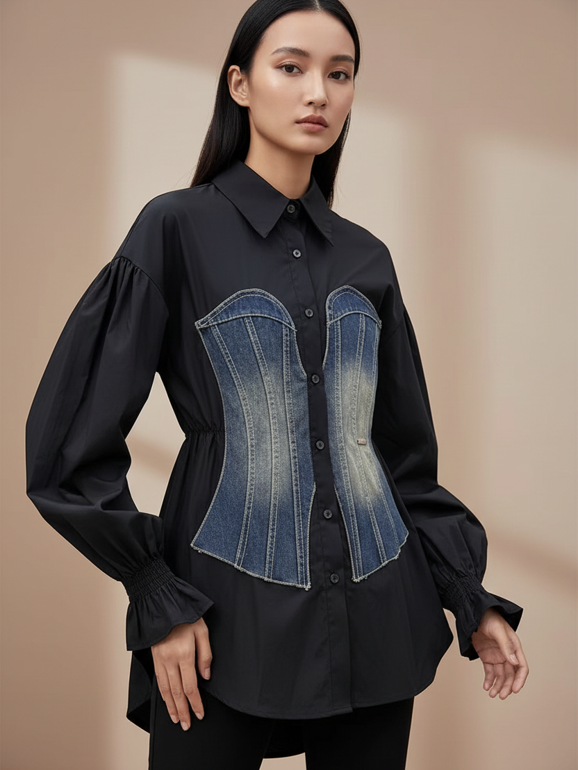Cotton shirt with denim patch overlay on a black button-down top by EXCLUSIVES