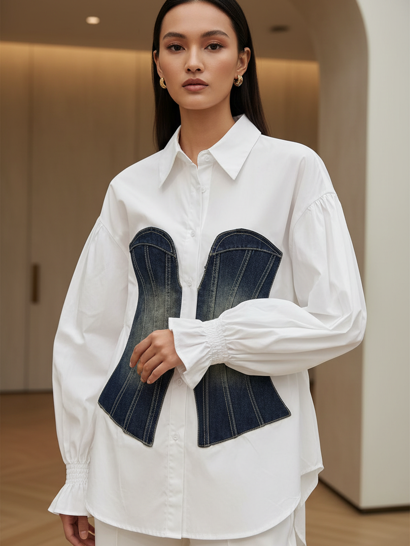 Cotton shirt with denim patch by EXCLUSIVES; white top with structured denim front panels
