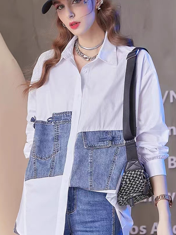 Model wearing white cotton shirt with blue denim patch panels and pockets, crossbody bag, cap, and silver jewelry.