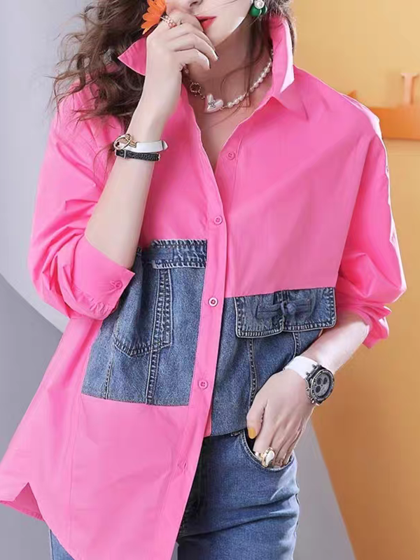 Pink cotton shirt with blue denim patch panels across chest, button-down, sleeves rolled; model wearing pearl necklace