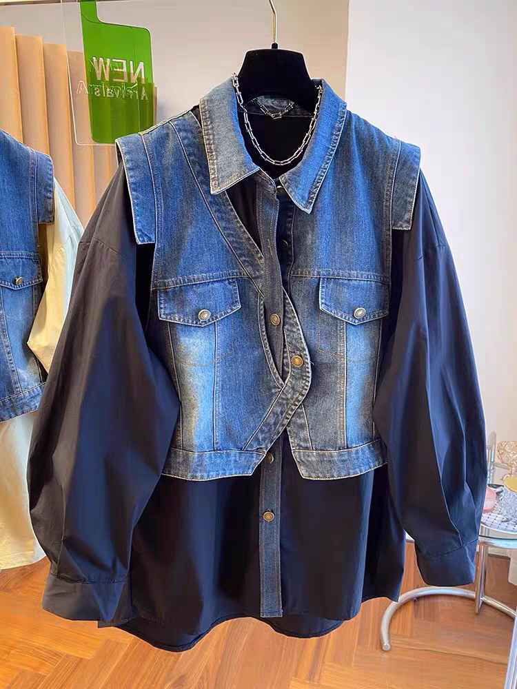 Cotton Shirt with Denim Patches