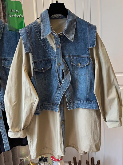 Cotton Shirt with Denim Patches