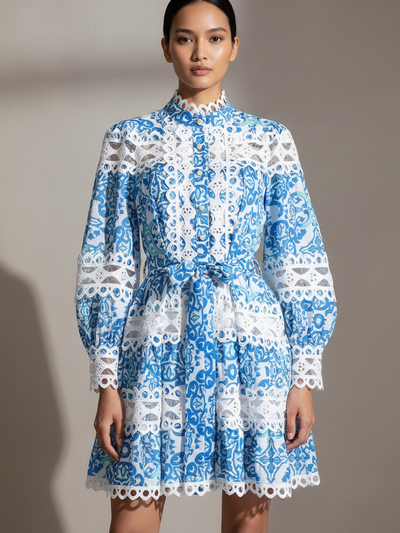 Hollow Out Crochet A-Line Dress in blue and white lace with long puff sleeves and scalloped hem