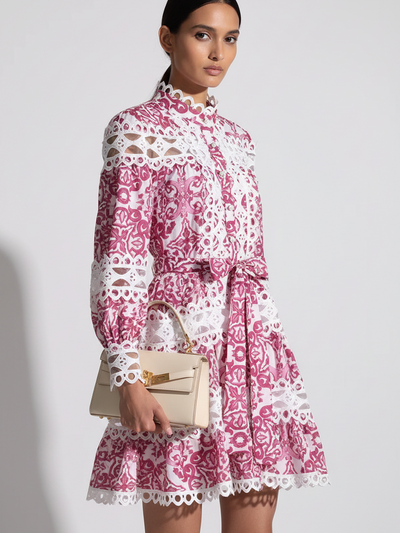 Hollow Out Crochet A Line Dress by EXCLUSIVES, pink and white lace, on sale