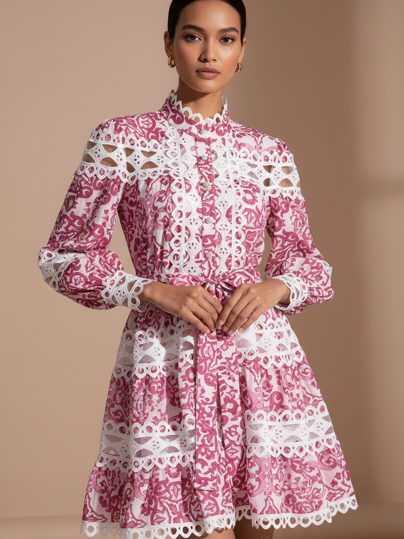 Hollow Out Crochet A-Line Dress, pink and white lace, long sleeves, knee-length