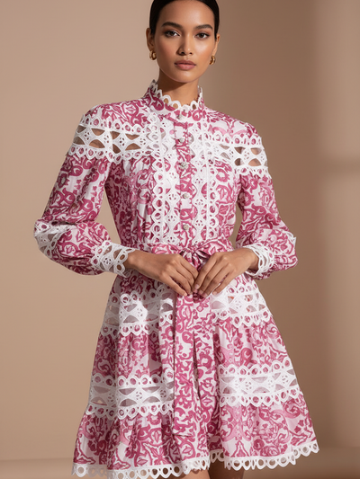 Hollow Out Crochet A-Line Dress, pink and white lace, long sleeves, knee-length