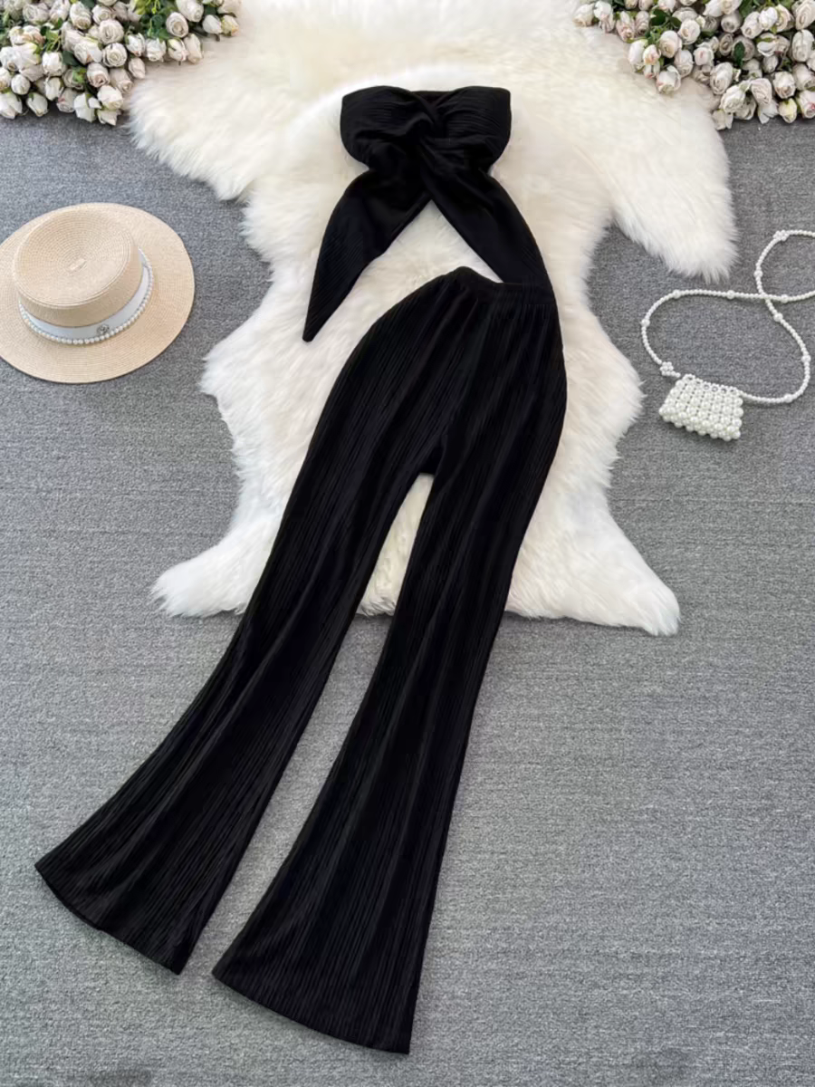 Bandeau Crop Tube Top & Wide Leg Pants Coord Set