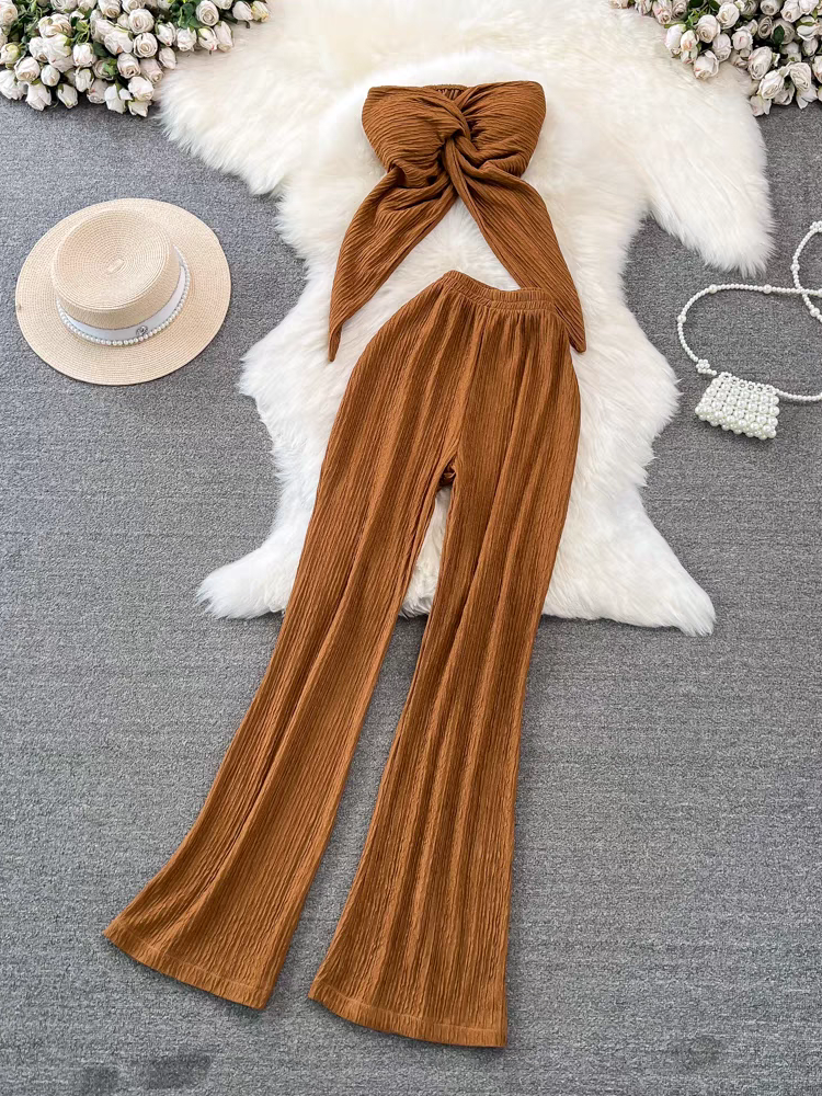 Bandeau Crop Tube Top & Wide Leg Pants Coord Set